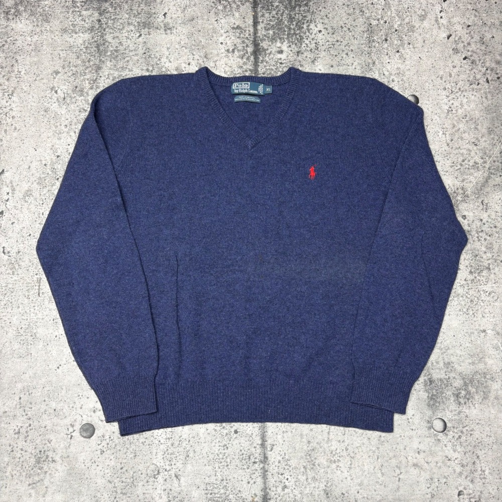 Polo Ralph Lauren Mens XL Navy Blue 100% Lambswool V-Neck Sweater Red Pony Logo